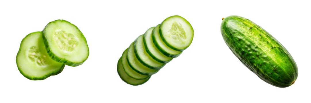 Fresh green cucumber whole and sliced showing seeds and texture isolated on a transparent background