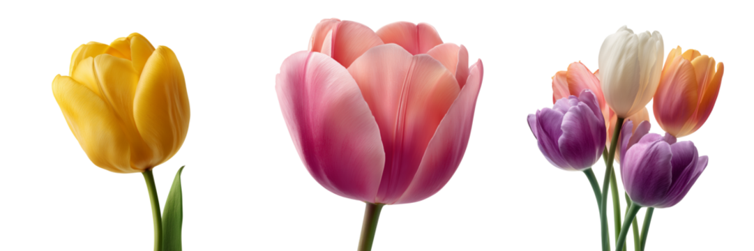 Collection of vibrant tulips in yellow pink purple white and orange hues isolated on a transparent background