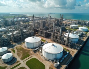 Aerial view of huge oil refinery complex located on coast. Industrial plant many white storage tanks, tall towers, intricate pipes. Cargo ship sails on ocean. Shows energy production, global