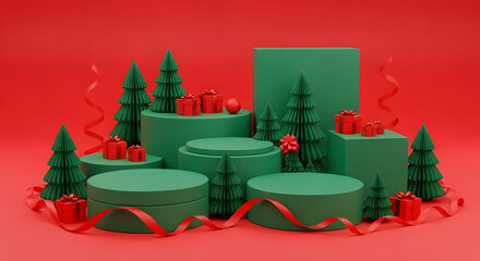 Festive christmas display with green geometric pedestals decorated with miniature trees and red gift boxes