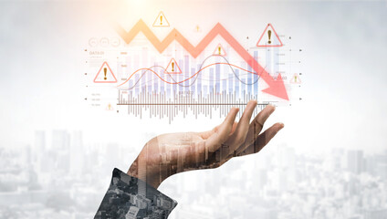 Economic caution visualized with fluctuating market graph, alert symbols, and negative data trends....