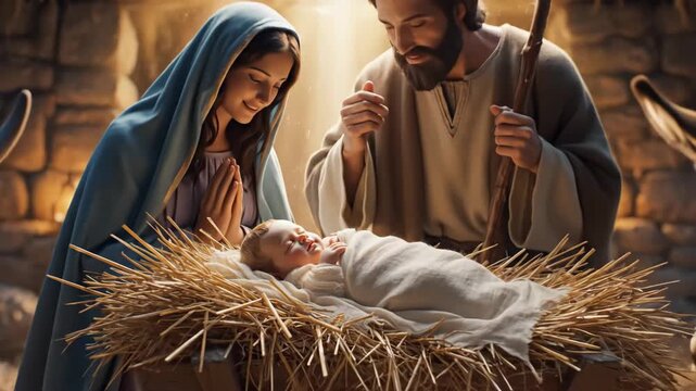 Nativity Scene with Holy Family - This video depicts a scene from the nativity with baby Jesus lying in a manger surrounded by Mary and Joseph.