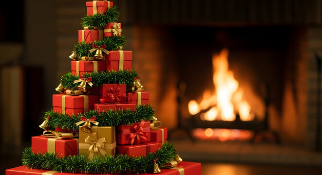 Festive christmas tree made of stacked gift boxes adorned with greenery and bells in front of a cozy fireplace with a warm glowing fire - Powered by Adobe
