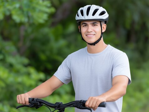 Young Hispanic man wearing a bicycle helmet is smiling while holding handlebars of his bike in a lush green park, showcasing outdoor cycling and healthy lifestyle - Powered by Adobe