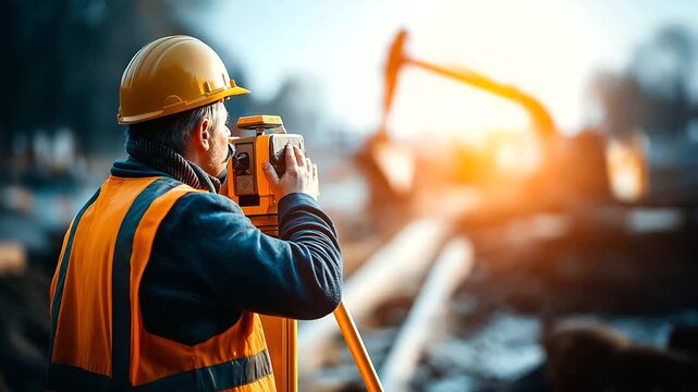 A surveyor uses a theodolite at a construction site hyper realistic equipment details with clear textures moody shadows on the ground bright saturation in survey tools