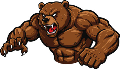 Cartoon muscular bear character illustration, aggressive wild animal mascot design, roaring predator artwork, powerful bodybuilding creature drawing, fierce vector logo art