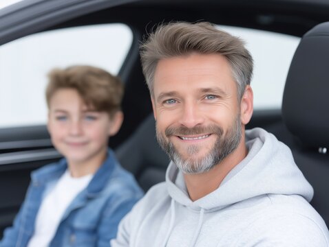 Smiling man with beard wearing gray hoodie sits in car with child in background, showcasing joyful moment between father and son in a comfortable vehicle interior