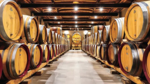 Wooden barrels lined in a dimly lit wine cellar showcasing the rich craftsmanship of wine storage