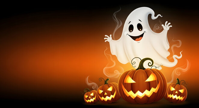Friendly cartoon ghost floating above glowing jack o lantern pumpkins on a dark orange background with copy space