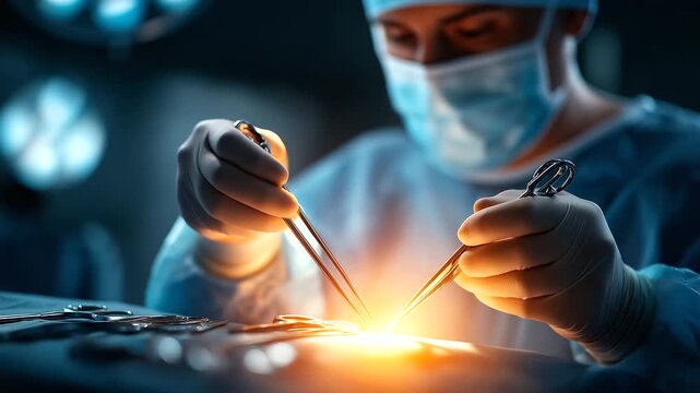 A surgeon performs laparoscopy with specialized tools hyper realistic surgical instruments with clear details moody shadows in the operating room bright saturation in medical