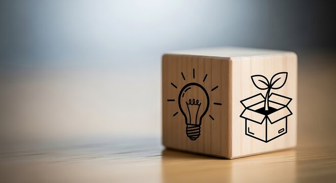 Wooden cube with lightbulb and plant drawing symbolizing innovation