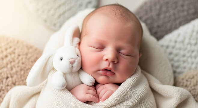 Adorable newborn baby sleeping peacefully with a soft toy bunny wrapped in a cozy blanket, creating a heartwarming and tender scene