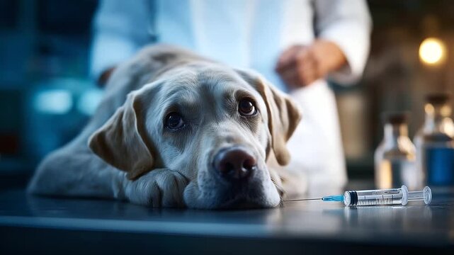 A Labrador dog receives a vaccination in a clinic hyper realistic syringe details with clear textures moody shadows in the exam room bright saturation in veterinary tools pet