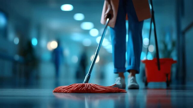 A woman cleans a hospital hallway hyper realistic mop details with vivid textures moody shadows on the floor bright saturation in cleaning supplies hospital cleaning floor