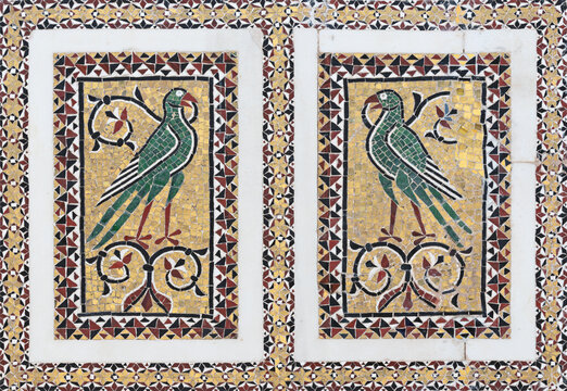 RAVELLO, ITALY - OCTOBER 7, 2025: The detail of medieval mosaic from pulpit (birds) - Ambone del Vangelo in the Cathedral by Nicola di Bartolomeo da Foggia (1272)