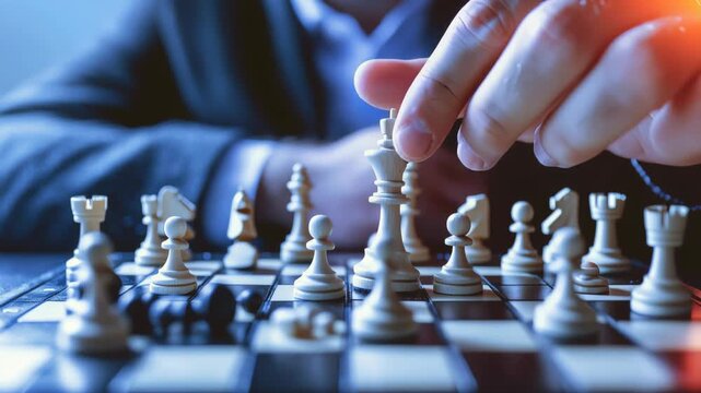 A close-up view of a hand moving a chess piece, symbolizing strategy and concentration in gameplay.