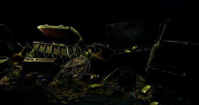 An assortment of ancient artifacts, gold coins, and ornate items are scattered around a shadowy space. Chests and vessels hint at lost riches and forgotten history.