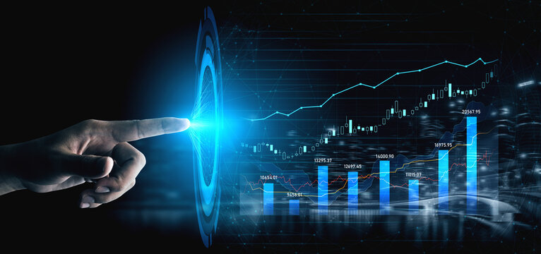 A futuristic depiction of finance growth where a hand engages with bright light and upward graphs, representing data analytics and business success. Scalp
