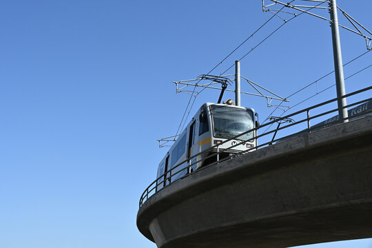 LOS ANGELES, CALIFORNIA - 23 OCT 2025: Elevated tracks for the Metro Rail, light rail system in Los Angeles.
