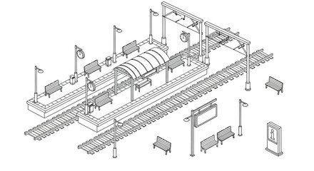 Detailed isometric illustration of a train station platform and railway tracks