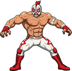 Cartoon muscular wrestler character, red mohawk mask fighter, strong man illustration, lightning pants, dynamic action stance, wrestling hero, combat sports artwork