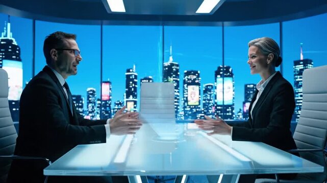 Two business professionals analyze futuristic holographic data during a corporate meeting in a modern city office. - Powered by Adobe