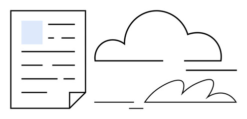Digital document next to a cloud icon symbolizes online storage and data management. Ideal for technology, cloud computing, file sharing, digital security, remote access, innovation, simple flat