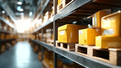 A modern warehouse stores goods on shelves hyper realistic packaging details with clear textures moody shadows in the depot bright saturation in cargo crates warehouse storage - Powered by Adobe