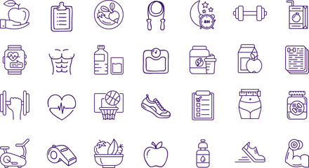  Athletic Performance Glyphs: Indigo Fitness and Sports Icons for Workout Tracking Applications and Nutritional Guidance Interfaces