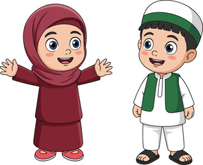 Cartoon Muslim children, traditional Islamic clothing, joyful expression, cultural celebration, hijab and cap, white background, cheerful scene, character illustration