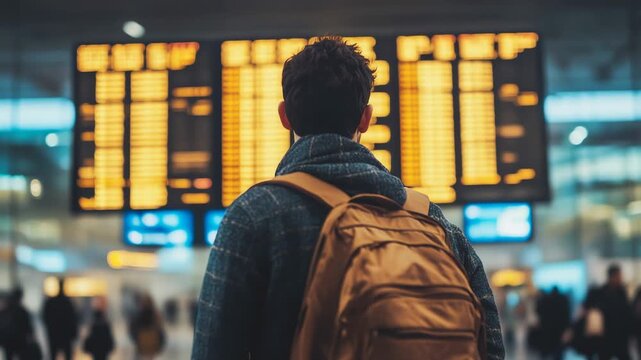 A traveler checks flight information at a bustling airport with a backpack, capturing the essence of travel excitement.