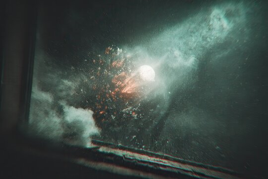 A soft blur of glowing light leaking from a window in the top corner, creating a burst of illumination. The light adds a warm and ethereal feel to the room.