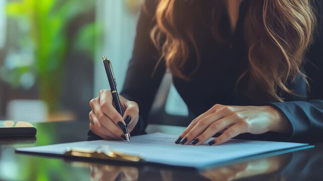 A woman writes on a sheet of paper, showcasing creativity and professionalism in a bright work environment.