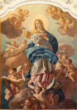 POSITANO, ITALY - OCTOBER 7, 2025: The painting of Immaculate Conception in the Cathedral Santa Maria Assunta by unknown artist from year 1795