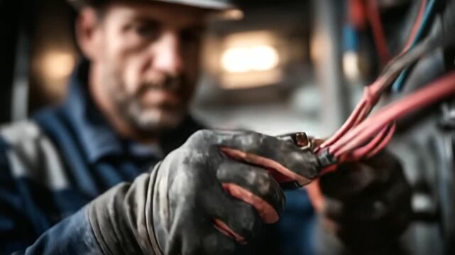 An electrician performs maintenance in an elevator engine room hyper realistic wiring details with clear textures moody shadows on the equipment bright saturation in tools elev