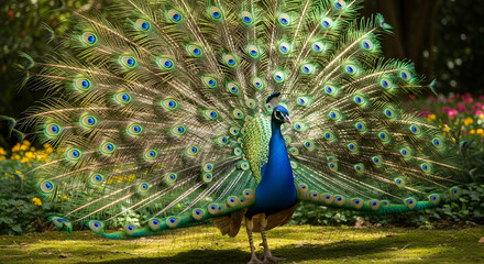 Obraz premium Peacock bird feathers wildlife animal nature colorful avian tail plumage iridescent beauty vibrant