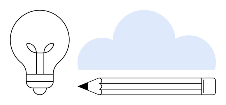 Light bulb with leaves, blue cloud, and pencil symbolize eco-friendly innovation, imagination, teamwork, learning, technology, writing and design. Ideal for creative processes simple flat metaphor