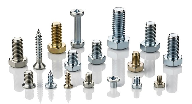 Assortment of metal bolts and screws in various sizes and materials on a white background fastener