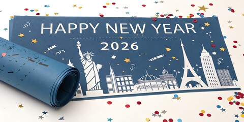 Happy new year 2026 global card with confetti and city landmarks