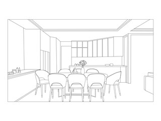 Minimal black and white line art of a modern dining table with chairs and a flower vase.
Perfect for interior design projects, furniture illustrations, home decor concepts, and coloring pages.