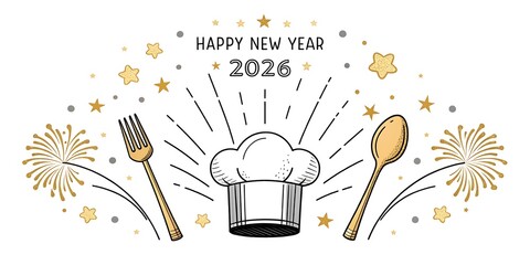 New year 2026 celebration with chef hat, fork, spoon, fireworks.