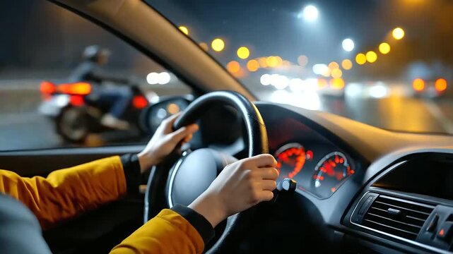 A driver&rsquo;s hand gripping steering wheel at night, macro reflection of dashboard lights, blured background, with copy space, focus and movement