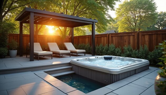 Backyard deck with bubbling hot tub and lounge chairs under pergola. Sunset light filters through trees onto relaxing spa area. Modern outdoor oasis provides tranquil escape and luxury leisure.