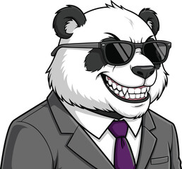 Cartoon panda in business suit, wearing sunglasses, confident smile, stylish animal character, formal attire, humorous vector art illustration design