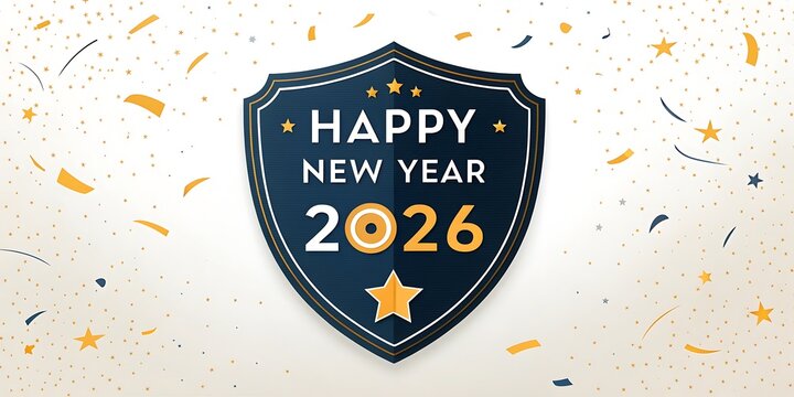 Happy new year 2026 shield with festive confetti celebration - Powered by Adobe