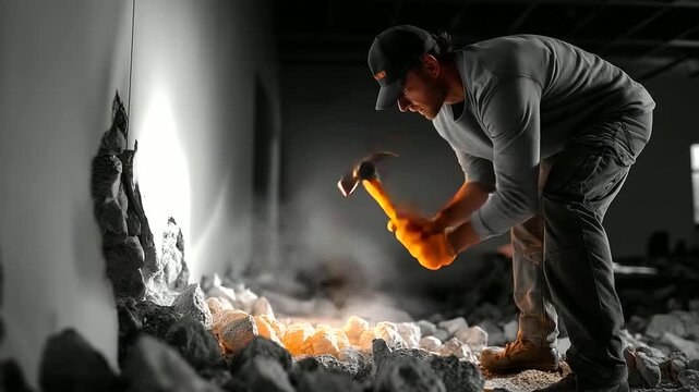 A worker demolishes a wall with a sledgehammer hyper realistic debris with vivid textures moody shadows on the wall bright saturation in demolition tools wall demolition