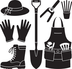 Gardening Accessories Silhouette Gloves Boots Apron Hat Shears Spade Tool Belt Icon Set