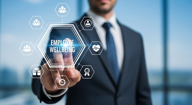 Businessman touching employee wellbeing hexagon with icons - Powered by Adobe