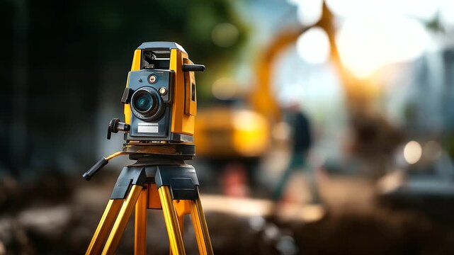 A surveyor uses a theodolite at a construction site hyper realistic equipment details with clear textures moody shadows on the ground bright saturation in survey tools