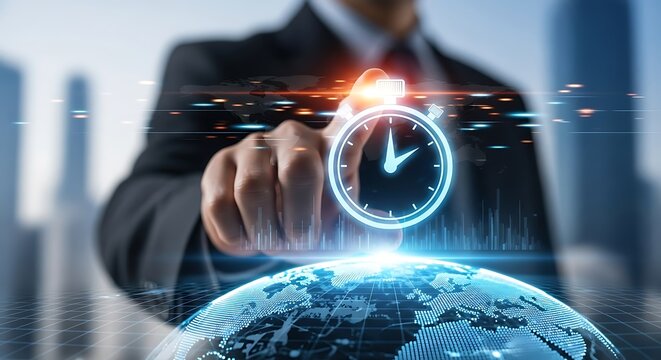 Businessman touching a glowing clock icon representing time and business success